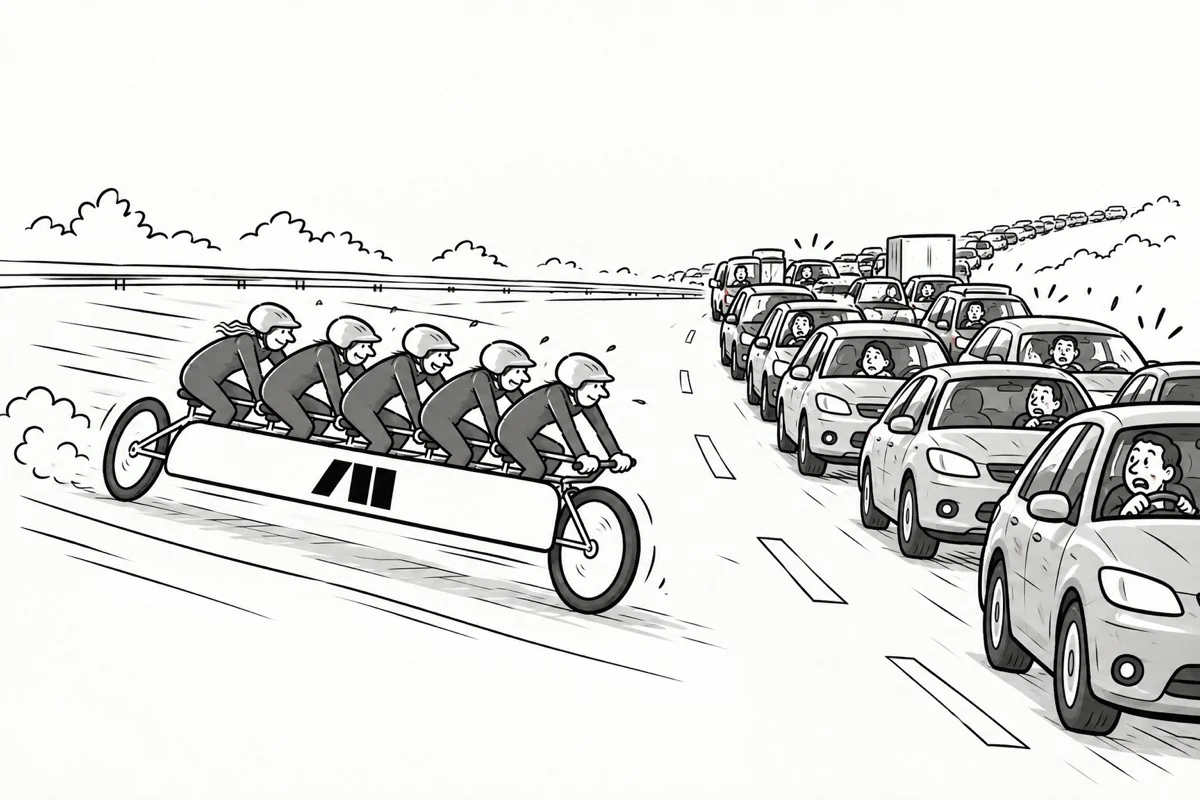 Het team van Momentum op een tandem, sneller dan de file ernaast